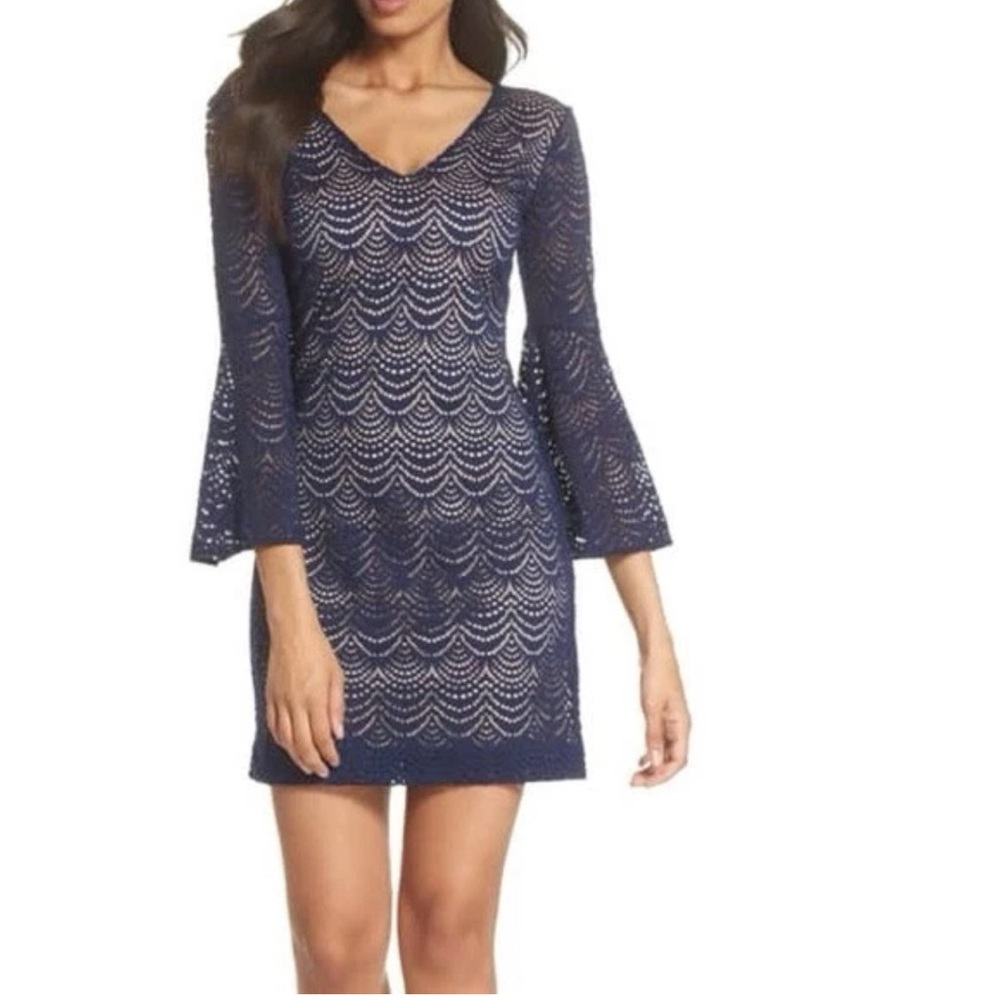 Lilly Pulitzer Nicoline Dress Scalloped Lace Nude Liner True Blue Size Small